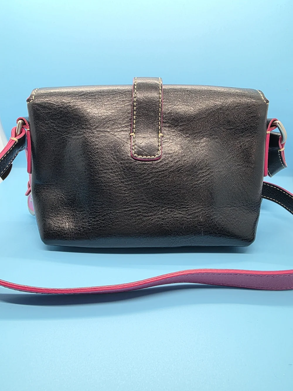 Black Leather Crossbody Bag with Pink Strap and Heart Buckle